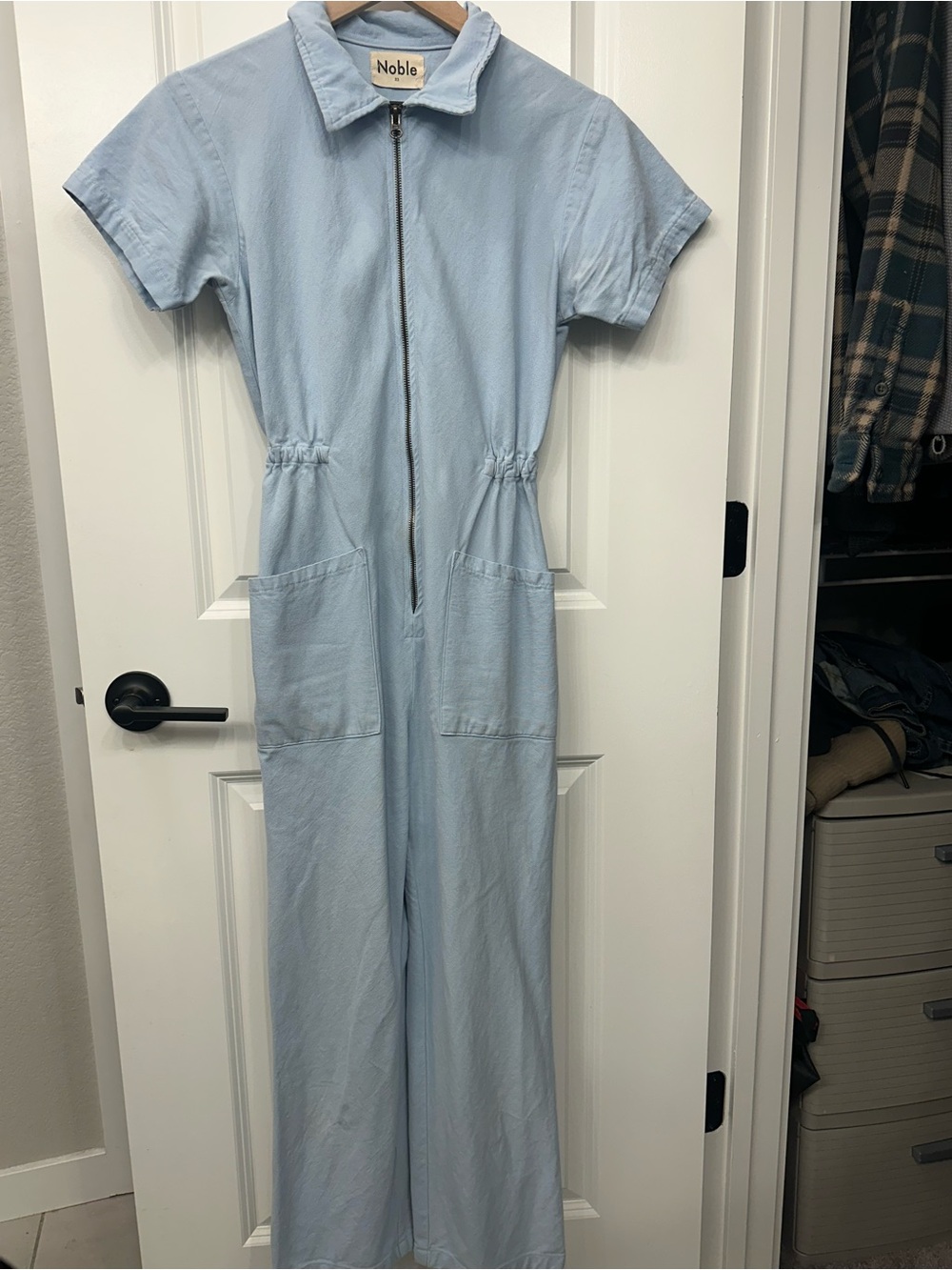 Noble Light Blue Short-Sleeve Zip Front Jumpsuit